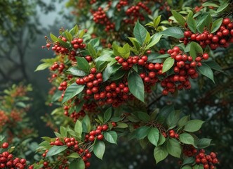 Compact Cotoneaster dammeri with bright red berries and green leaves, compact shrub, evergreen shrubs, bright red berries