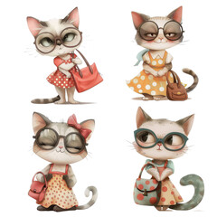 Cute cartoon cats wearing stylish glasses and fashionable outfits, each holding handbag. Their playful expressions and unique styles add charm and whimsy to image.  ,PNG Transparency