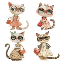 Four fashionable cats wearing stylish outfits and accessories, showcasing their unique personalities and charm.  ,PNG Transparency