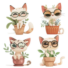 Four cute cats wearing glasses, sitting in flower pots with plants, showcasing playful expressions and whimsical style.  ,PNG Transparency