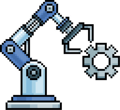Pixel art of a robotic arm with gear in 8-bit style on white background