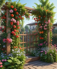 Lush greenery and blooming flowers intertwined on a wooden trellis, vines, floral arrangements