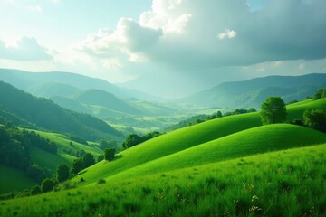 Obraz premium Misty clouds gather above the rolling hills and vast fields of green potatoes, landscape, fields, mystical