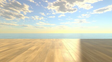 Fototapeta premium Serene Ocean View with Wooden Deck and Cloudy Sky at Sunset