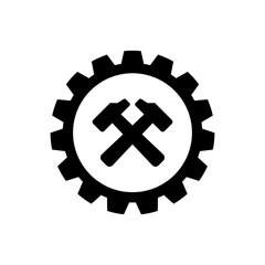 Obraz premium gear icon with crossed hammers, simple flat style, illustration, logo sign symbol pictogram template, for ui or ux isolated on white for mobile app, editable