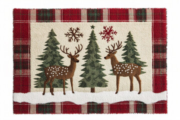 A plaid Christmas doormat with deer and Christmas tree design on a white background. (Generative AI)