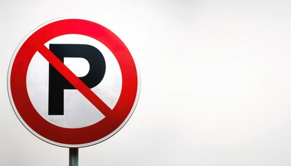 no parking sign in this area. Circle round design with a black or blue block letter P with a red slash through it. Isolated on white background with copy space.