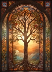 Ornate stained glass window featuring tree shapes in a soft and serene abstract background with a warm colored light, stained glass window, decorative art, background