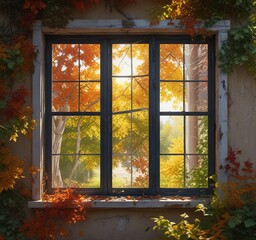 Windows with broken panes, letting in sunlight that filters through the leaves , leaves, woods