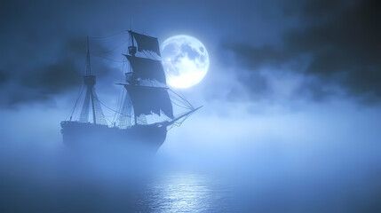 Spectral pirate ship sailing through fog-shrouded sea: ghostly crew & moonlit mist. Fathomless. Illustration