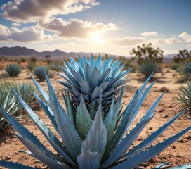 Prickly blue agave plant growing in a sunny field under a clear blue sky with a few white clouds , blue sky, outdoor, open space