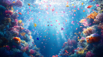 Surreal underwater confetti explosion: underwater, marine life, futuristic, dreamlike, fantasy. Fathomless. Illustration