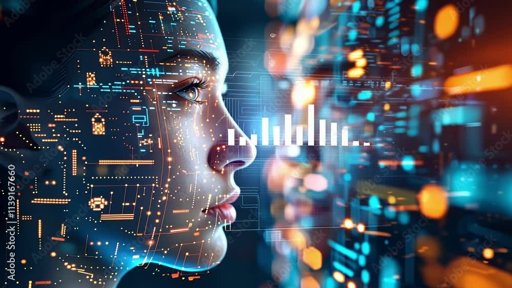 Aufkleber profile of a woman with digital data projected on her face, interacting with a complex futuristic in