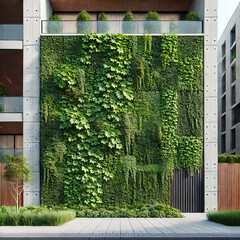 photorealistic image of a large outdoor wall covered in vibrant green English Ivy (Hedera helix), creating a vertical garden in a modern
