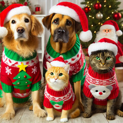 Gato e cachorro vestindo um suéter de Natal	