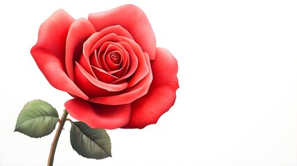 Fototapeta premium Vibrant Red Rose with Detailed Petals and Green Leaves on a Clean White Background