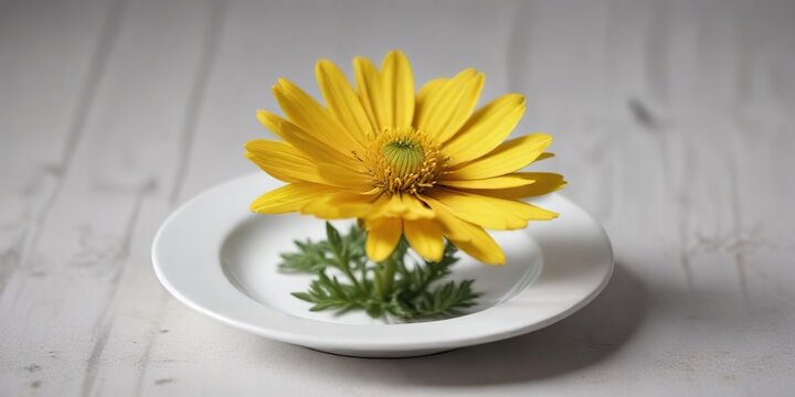Single yellow Euryops pectinatus flower on a white plate, petals, bloom, plate