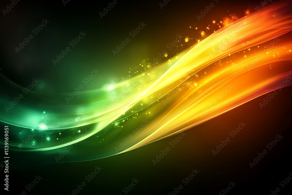 Poster abstract green and orange wave background with glowing particles