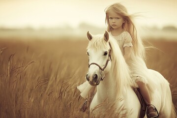 A little blonde girl on a white horse is galloping across the field.