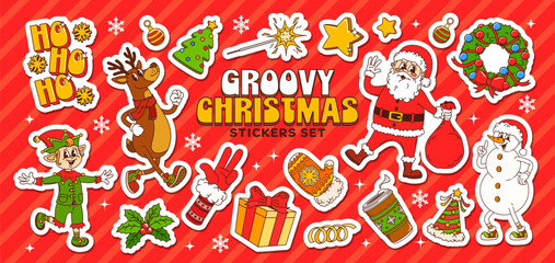 Groovy Christmas stickers pack with cartoon characters and winter holiday decorations, vector icons. Groovy Christmas stickers with Santa and funky elf with reindeer or snowman with New Year gifts © Vector Tradition