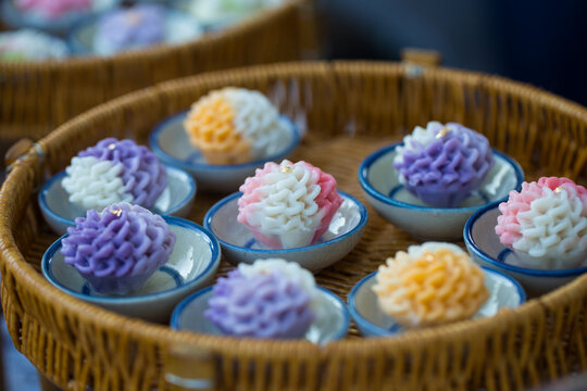 Chor Phaka Krong Thai dessert in basket,Thai dessert made from rice flour,(Phakakrong bouquet) Thai desserts are beautiful like Thai desserts.The petals are made thinly and layered in many layers.