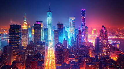 Fototapeta premium Vibrant colorful city skyline at night with dazzling lights illuminating the urban landscape creating a dynamic and captivating atmosphere symbolizing energy modernity and endless possibilities