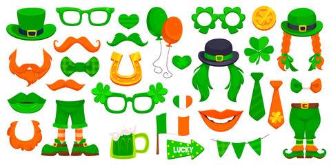 St Patrick day party photo booth or Irish holiday photobooth stickers, vector face masks. Saint Patrick day cartoon funny Irish symbols for photo booth face mask of leprechaun hat and beard with smile