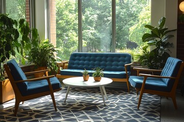 Fototapeta premium Cozy urban apartment living room with mid-century modern furniture, blue sofa, white-legged chairs, geometric rug patterns, large windows, and indoor plants.