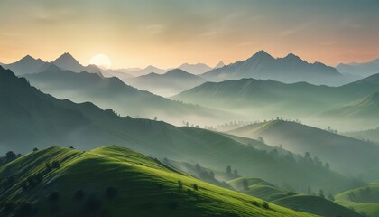 Fototapeta premium Soft wavy stripes of green gradient fading into the misty mountains illuminated by dawn light, morning, serene, soft