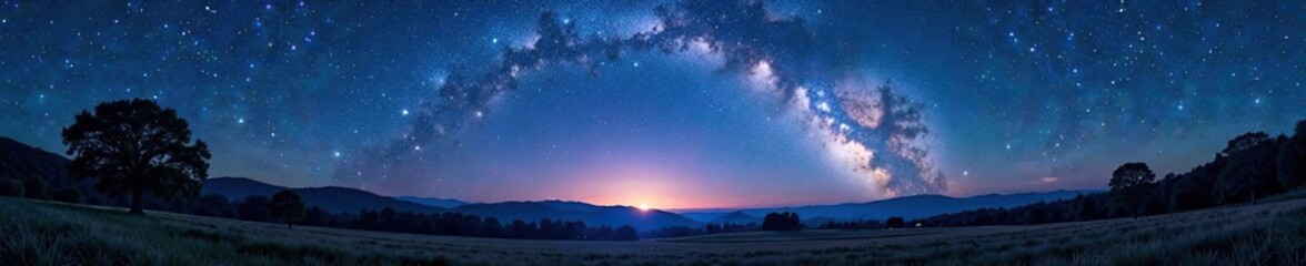 Starry night sky with Milky Way arch shining above a field of trees and hills, outer space, hills
