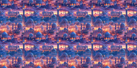 Seamless pattern with magical twilight over middle eastern cityscape with vibrant domes and minarets