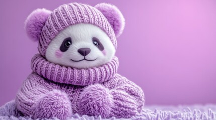 A cute panda plush toy wearing a purple knitted sweater, set against a soft purple background.