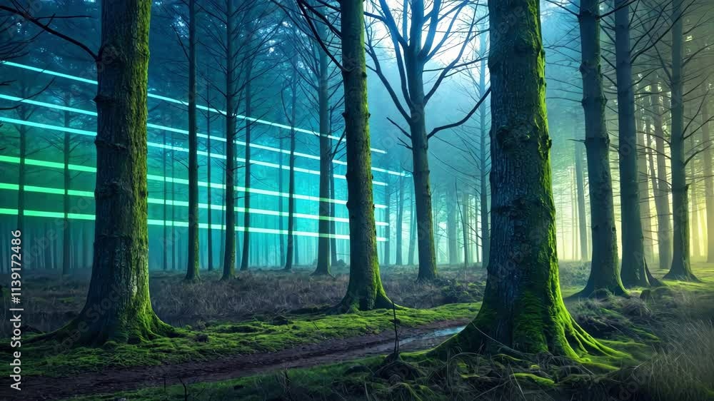 Poster glitched forest a quirky woodland scene where trees are represented by blocks of neon green and blue