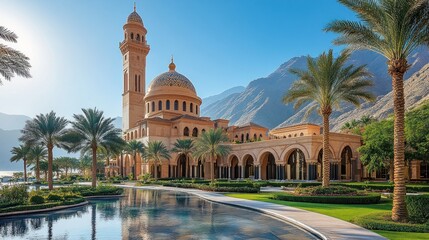 Naklejka premium A stunning architectural structure set against a mountainous backdrop with palm trees and water features.