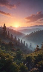 Obraz premium Foggy horizon at sunrise with dense forest in the background, rugged coast, peaceful atmosphere, sea fog headland