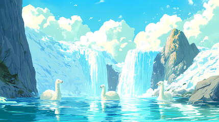 Sapphire geysers, the serene backdrop for a llamas presentation on fresh water economics, citing a fathomless archive,. Fathomless. Illustration