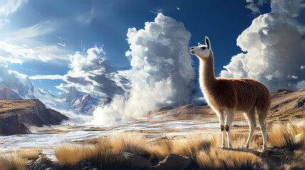 Sapphire geysers, the serene backdrop for a llamas presentation on fresh water economics, citing a fathomless archive,. Fathomless. Illustration