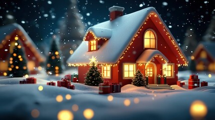 Fototapeta premium Enchanting Christmas Eve Cozy Red Cottage in a Snowy Winter Wonderland