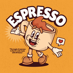 Coffee Cup Trendy Retro Cartoon Vector Hand Drawn 