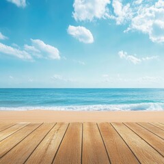 Fototapeta premium Serene Beach View with Wooden Deck and Clear Blue Sky Above