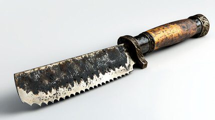 A knife with a serrated edge is shown on a white background