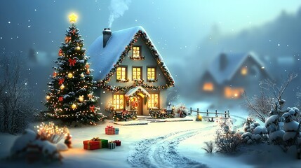 Cozy Christmas Eve Snow-Covered House with Illuminated Christmas Tree