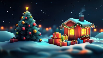 Obraz premium Cozy Christmas Eve Illuminated Cottage with Decorated Tree and Presents in Snowy Landscape