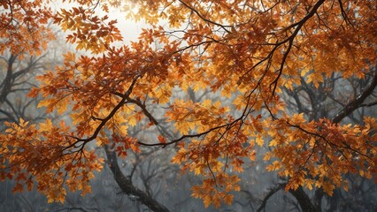 Fototapeta premium A large quantity of autumn leaves on tree branches are covered in raindrops, creating a thick layer of water that shimmers and shines , rainwater droplets, shimmering effect, wet leaves