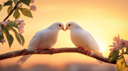 Fototapeta premium A pair of white doves perched on a tree branch, touching beaks affectionately to form the shape of a heart, set against a dreamy sunset sky