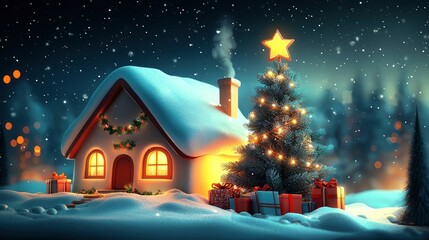 Fototapeta premium Cozy Christmas Cottage Under a Starry Night Sky