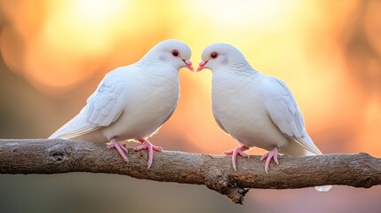 Fototapeta premium A pair of white doves perched on a tree branch, touching beaks affectionately to form the shape of a heart, set against a dreamy sunset sky