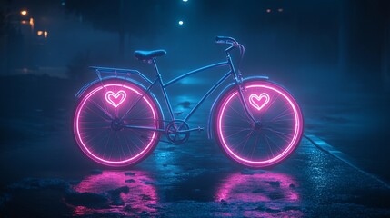 Neon pink heart bicycle at night, romantic.