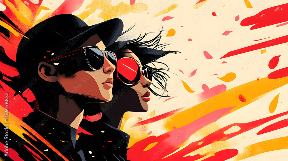 Poster a vibrant illustration of two stylish figures wearing sunglasses, set against a backdrop of explosiv