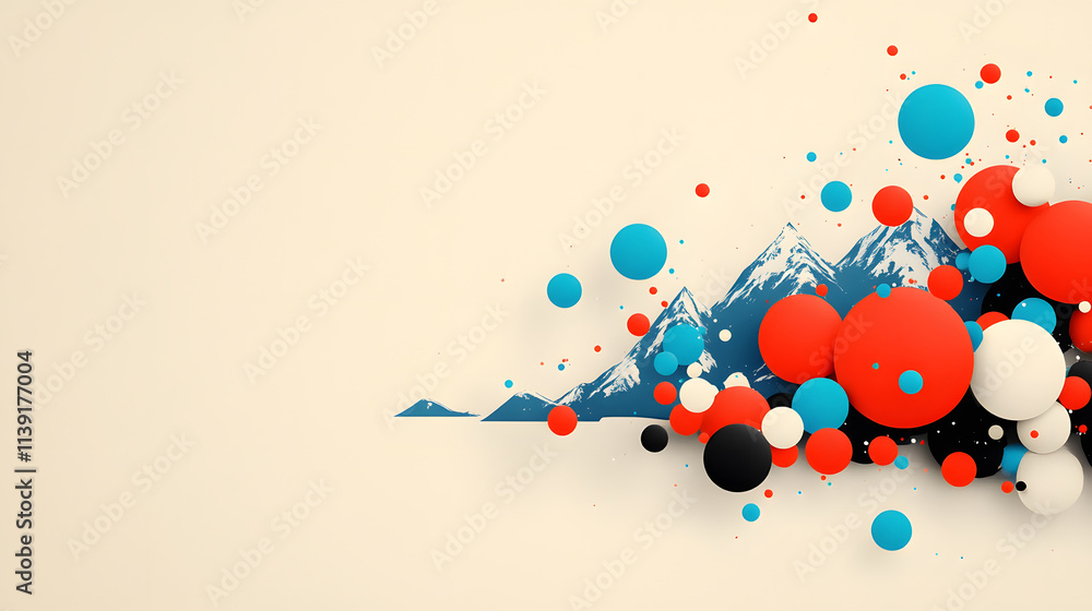 Poster a colorful abstract composition featuring vibrant circles against a mountain silhouette on a light b